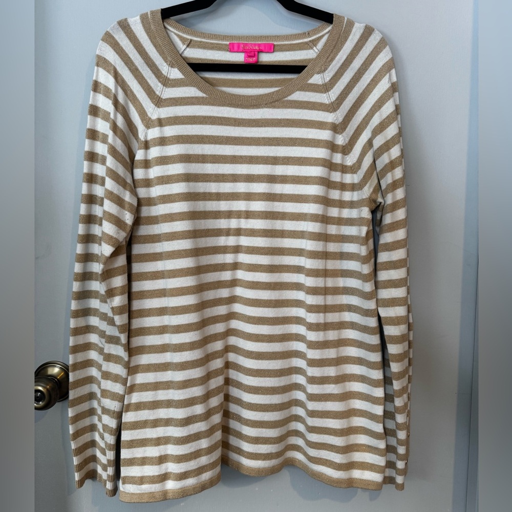 Lilly Pulitzer Gold and White Striped Long Sleeve Sweater Top Sz XL